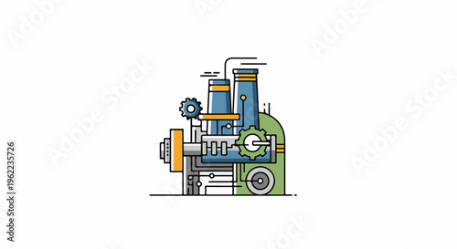 A stylized, colorful illustration of a complex industrial machine with gears