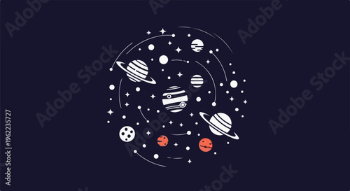 A stylized cosmic scene with planets, moons, and stars on a dark background