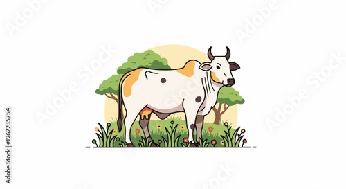 A stylized cow stands in a grassy field with flowers and trees