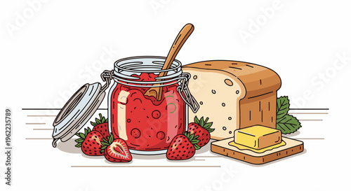 A still life of strawberry jam, toast, butter, and strawberries