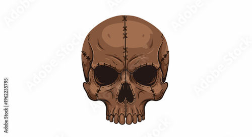 A stitched, brown skull with dark eye sockets and teeth