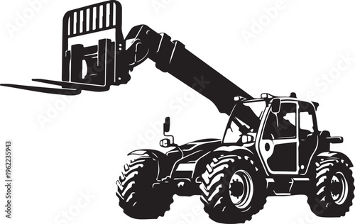 Tractor, forklift, telehandler, construction vehicle, heavy equipment, black and white vector