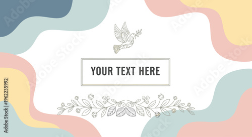 Template design featuring a dove, floral elements, and colorful abstract shapes on a white background for customizable text.