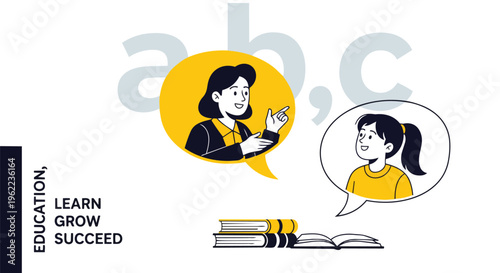 Illustration of teacher and student in speech bubbles, with books, concept for educational resources, tutoring services, and online learning platforms.