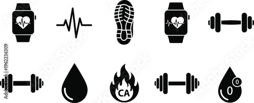 fitness, health, icons, set, workout, heart, smartwatch, steps, calories, dumbbell, training, exercise, monitoring, sport, lifestyle, activity, tracker, illustration, design, collection