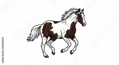 A painted horse gallops across a white background with its mane flowing