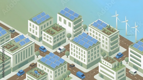 Eco-Friendly Cityscape with Solar Panels & Wind Turbines