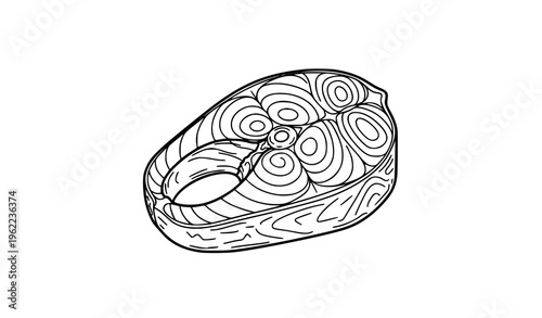 Black and white fish slice outline doodle cross section seafood vector illustration isolated