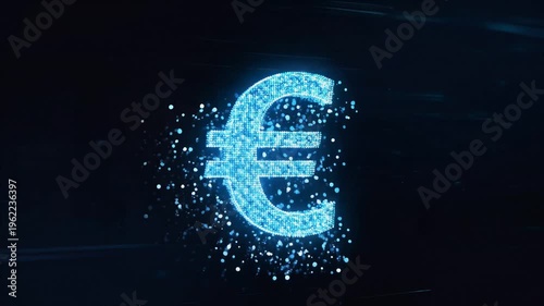 Euro symbol, glowing blue dots formation, dynamic motion, seamless loop, symbolizing currency, finance, and economic growth.