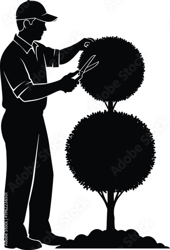 Gardener trimming bush silhouette illustration, man pruning plant with shears vector, landscaping maintenance concept design, minimal black white style graphic