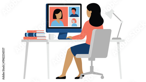 Woman in video conference call working from home desk.