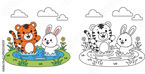 Cute kawaii cartoon tiger and white bunny rabbit happily splashing water in a puddle on green grass vector illustration