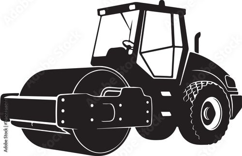 Road roller, construction vehicle, heavy equipment, black silhouette