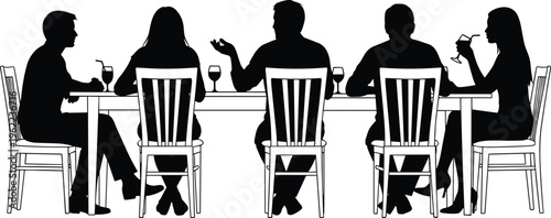 Group of people sitting at restaurant table dining together talking and drinking isolated cad drawing flat vector illustration for cafe interior