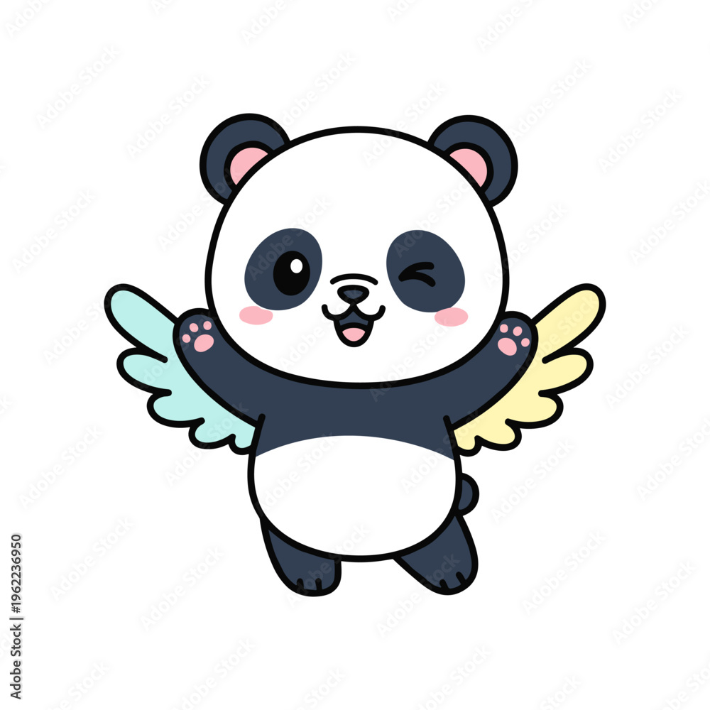 Fototapeta premium cute cartoon panda with colorful wings, smiling and playful