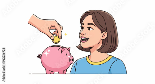 A person deposits a coin into a pink piggy bank, while a smiling woman watches