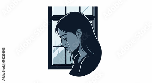 A person cries by a window with rain outside