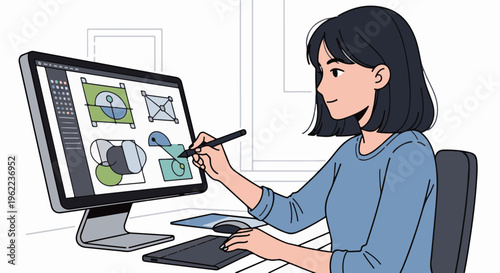 A person designs graphics on a computer using a tablet and stylus