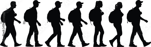 Hiker silhouette collection walking backpack traveler outdoor adventure people black vector illustration set isolated trekking lifestyle design nature