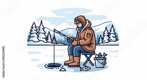 A person ice fishing in a winter landscape