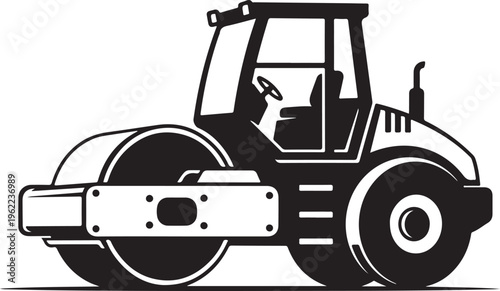 Road roller, construction vehicle, steamroller, black and white vector