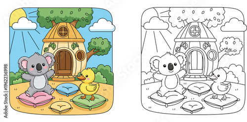 Cute cartoon koala and duck standing on colorful cushions near a wooden treehouse on a sunny day vector illustration