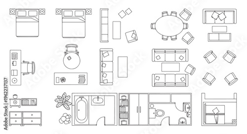 Apartment Furniture Floor Plan Top View, Bedroom Living Dining Bathroom Outline Vector Layout Set