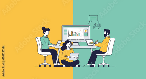 Team members in minimalist style looking at data charts on computers and tablets with contrasting background, concept for teamwork workflow, financial analysis presentation and project management.