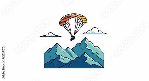 A person paraglides over jagged mountains under a cloudy sky