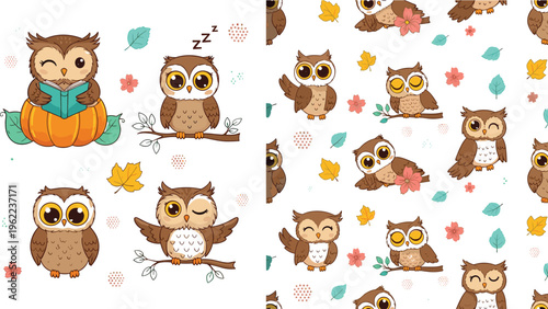 Cute Owl Vector Sticker and Pattern Set Featuring Reading, Sleeping, Winking, and Flying Owls with Autumn Leaves and Flowers Cartoon Wildlife Illustration Collection