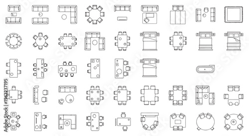 Furniture Floor Plan Top View Icons Set, Sofa Bed Tables Dining Bathroom Outline Vector