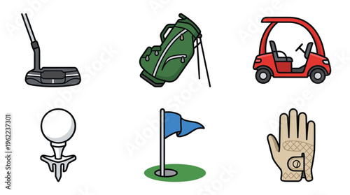 Set of colorful golf sport equipment icons. Vector illustration collection includes club, bag, cart, ball, flag, and glove. Perfect for sports web design and branding.