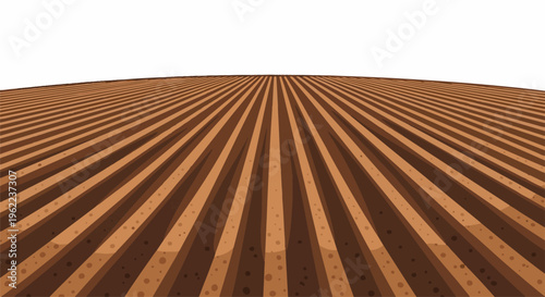 A perspective view of freshly plowed, brown soil rows against a white sky