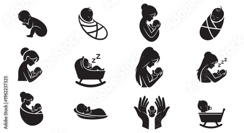 Mother and Baby Care Silhouette Icons Set, Breastfeeding Newborn Cradle Sleep Vector Collection