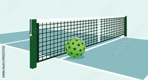 A pickleball rests on a blue court beside a net, ready for play