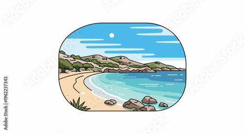 A picturesque beach scene with rolling hills, turquoise water, and a clear sky