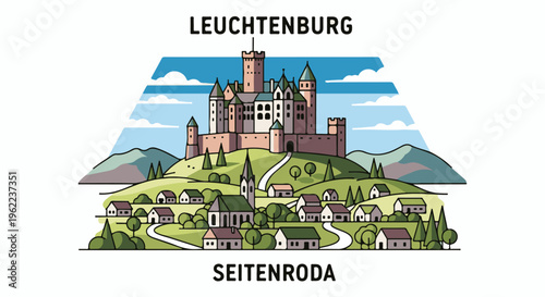 A picturesque castle sits atop a hill overlooking a charming village and rolling green landscape