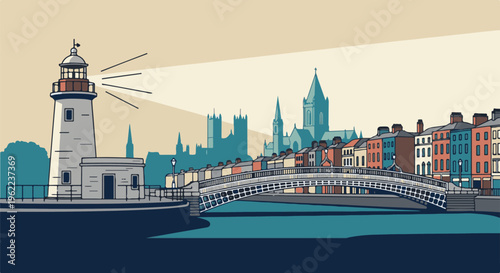 A picturesque harbor scene with a prominent lighthouse, a charming bridge, and historic buildings