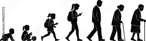 human, life, cycle, aging, growth, stages, childhood, adulthood, elderly, silhouette, people, development, evolution, generation, timeline, aging process, life stages, sequence, concept, illustration