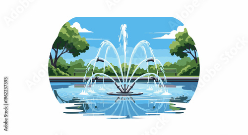 A picturesque park scene with a central, multi-tiered water fountain, surrounded by trees and benches