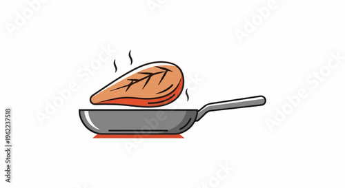 A piece of meat is sizzling in a frying pan over a red heat source