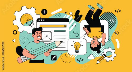 Vibrant illustration of web designers working on a colorful background, concept for UI/UX design, web development, and creative agency promotion.
