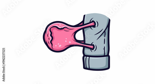 A piece of pink chewing gum is stretched and pulled through two holes in a gray garment