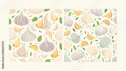 Seamless Culinary Pattern with Hand-Drawn Garlic Bulbs and Cloves, Accompanied by Fresh Green Herbs on a Light Background, Ideal for Kitchen Decor and Food Packaging Designs