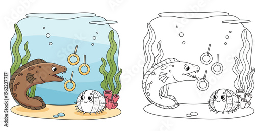 Cute cartoon moray eel and smiling sea urchin playing with floating golden rings underwater on sandy ocean floor vector illustration
