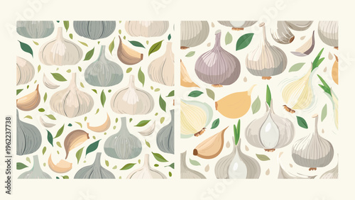 Seamless patterns showcasing a variety of garlic bulbs, separated cloves, and vibrant green leaves, ideal for culinary-themed designs and healthy food packaging backgrounds