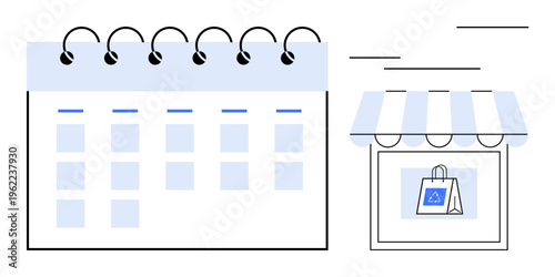 Time management, retail scheduling, business organization, shopping planning, marketing campaigns, product promotion. A calendar and shop facade with a shopping bag. Time management and retail