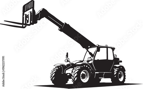 Tractor, forklift, telehandler, industrial vehicle, heavy equipment, black silhouette, vector illustration