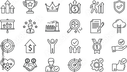 Business success and achievement line icons set with trophy, growth arrows, target, partnership, leadership, crown, medal, and career development symbols.