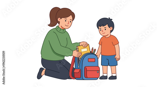 A loving mother helps her young son pack his backpack with books and pencils for school. A sweet family moment illustrating parental care, education, and daily routine.